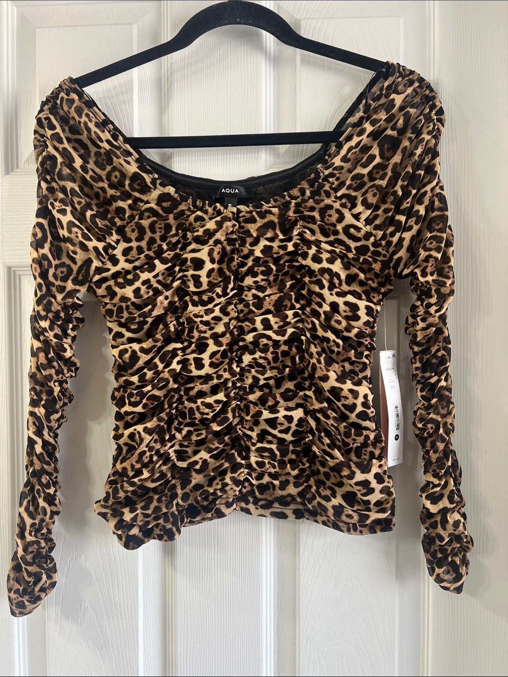 Aqua Leopard-Print Ruched Off-Shoulder Top - Tan & Black
